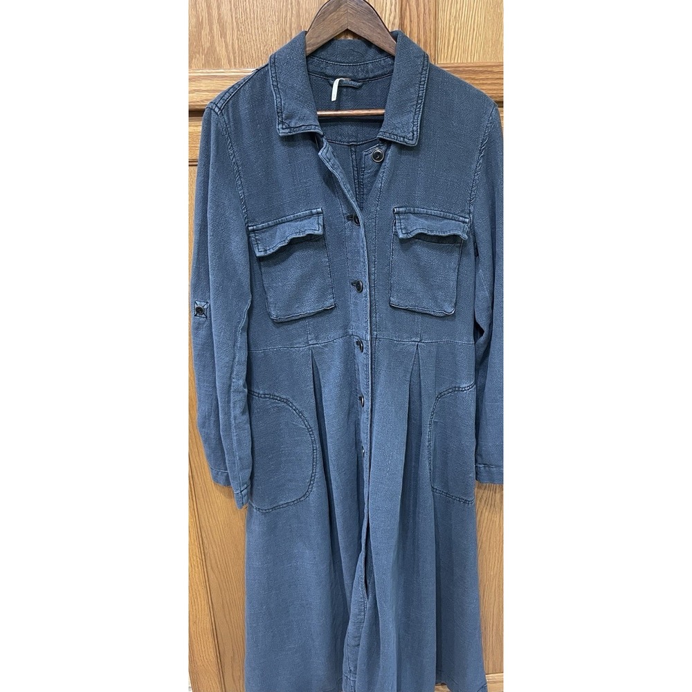 Free People 'Rainz'  Linen Duster Jacket Long Dress Blue Oversized Size Medium - Picture 9 of 10